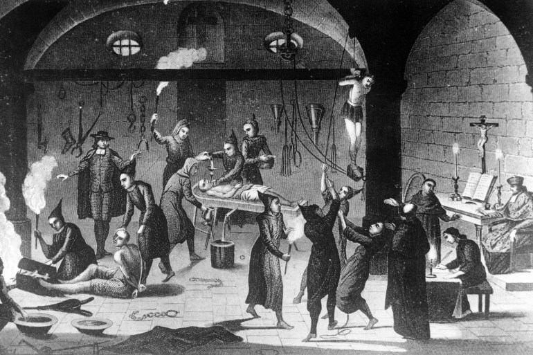 Circa 1520, The Spanish Inquisition at work on suspected Protestants and insincere Christians in a torture chamber. All their gruesome work was carried out in the name of Christianity; note the altar and officiating monks on the right. (Photo by Three Lions/Getty Images)
