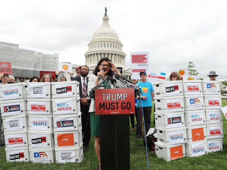 WASHINGTON, DC - MAY 09: Rep. Rashida Tlaib (D-MI) speaks during an event with activist groups to deliver over ten million petition signatures to Congress urging the U.S. House of Representatives to start impeachment proceedings against President Donald Trump on Capitol Hill May 9, 2019 in Washington, DC. Mark Wilson/Getty Images/AFP== FOR NEWSPAPERS, INTERNET, TELCOS & TELEVISION USE ONLY ==