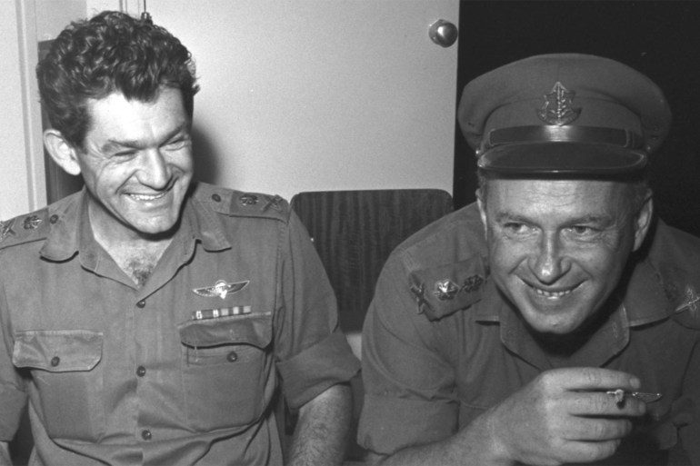 Israeli Defense Force Chief of Staff Haim Bar-Lev (left) and his deputy David Elazar laughing together, looking confident of the outcome during the Six Day War, Israel, June 6th 1967. (Photo by Central Press/Hulton Archive/Getty Images)