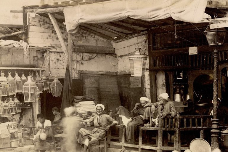 Photo of a lanterns store and a traditional Qahwa in 1890. Photo courtesy of Ahl Misr Zaman.