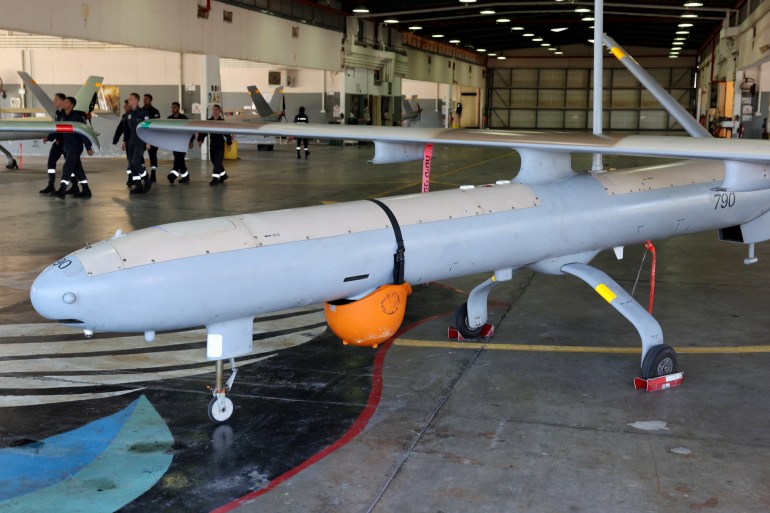 A view shows an "Elbit Hermes 450" unmanned aerial vehicle at Israel
