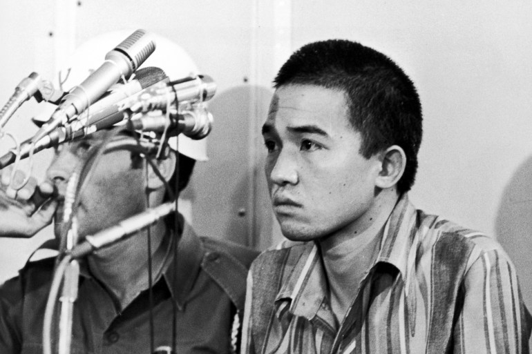 Japanese terrorist Kozo Okamoto in an Israeli military court as his trial opens at Zrifin Army Camp, Israel, 12th July 1972. Okamoto was one of three Japanese Red Army members, recruited by The Popular Front for the Liberation of Palestine, who opened fire indisciminately on passengers and staff at Lod Airport, Tel Aviv on 29th May 1972, killing 26 and injuring 78. (Photo by Keystone/Hulton Archive/Getty Images)