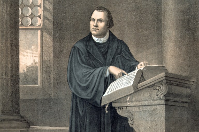Dr Martin Luther, 1483-1546. full-length portrait, standing, facing slightly left, reading in church. (Photo by: Universal History Archive/UIG via Getty images)